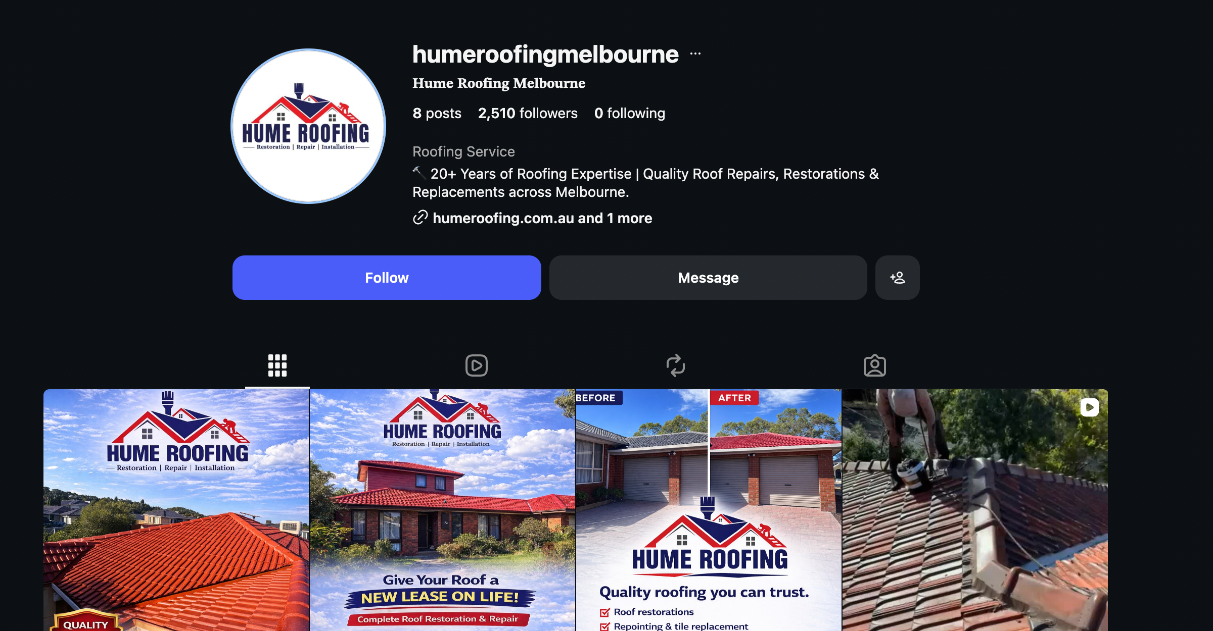 Hume Roofing Instagram profile